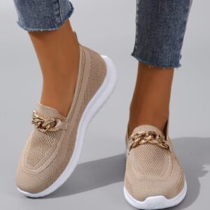 Hbeylia Platform Slip On Mesh Sneakers for Women Casual Breathable Mesh Air Cushion Metal Chain Design Trendy Chunky Bottom Low Top Canvas Shoes Flats Walking Shoes Play Sneakers Loafers Khaki