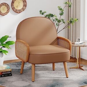 aklaus mid century modern accent chair armchair with rattan arms upholstered rattan boho accent chair for living room bedroom balcony faux leather reading chairs side club chair brown