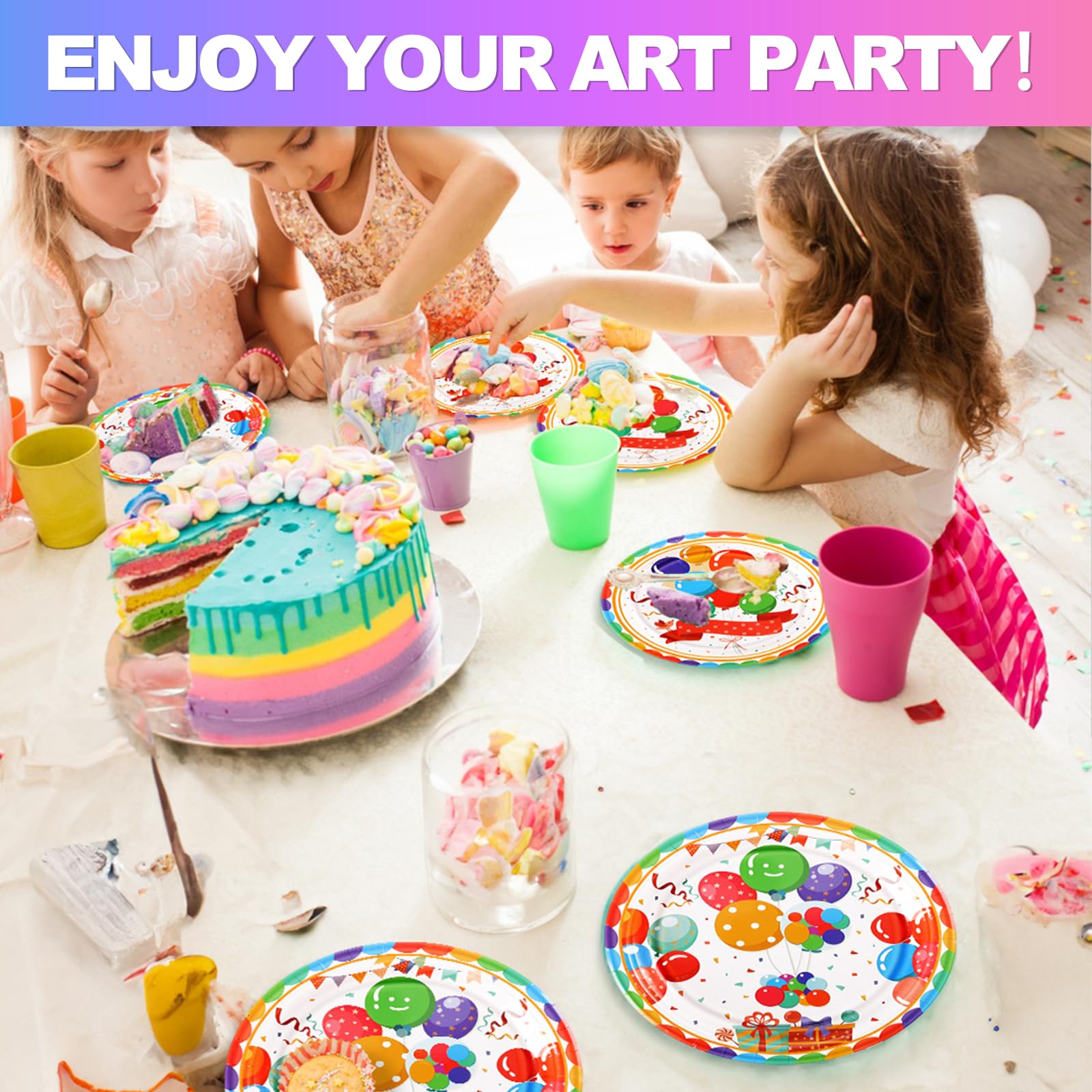 SCIONE 96 PCS Birthday Plates and Napkins Party Supplies Vivid Balloons Designs for Kids Party Decorations with Colorful Balloons Disposable Paper Plates Napkins and Forks Serve 24