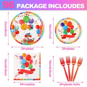 SCIONE 96 PCS Birthday Plates and Napkins Party Supplies Vivid Balloons Designs for Kids Party Decorations with Colorful Balloons Disposable Paper Plates Napkins and Forks Serve 24