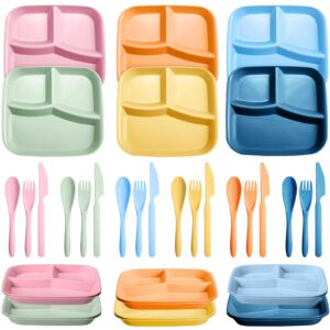 dandat 12 set unbreakable divided plates 10 inch colorful square reusable portion control plates wheat straw lunch trays microwave dishwasher safe trays for kids toddler adults picnic supplies