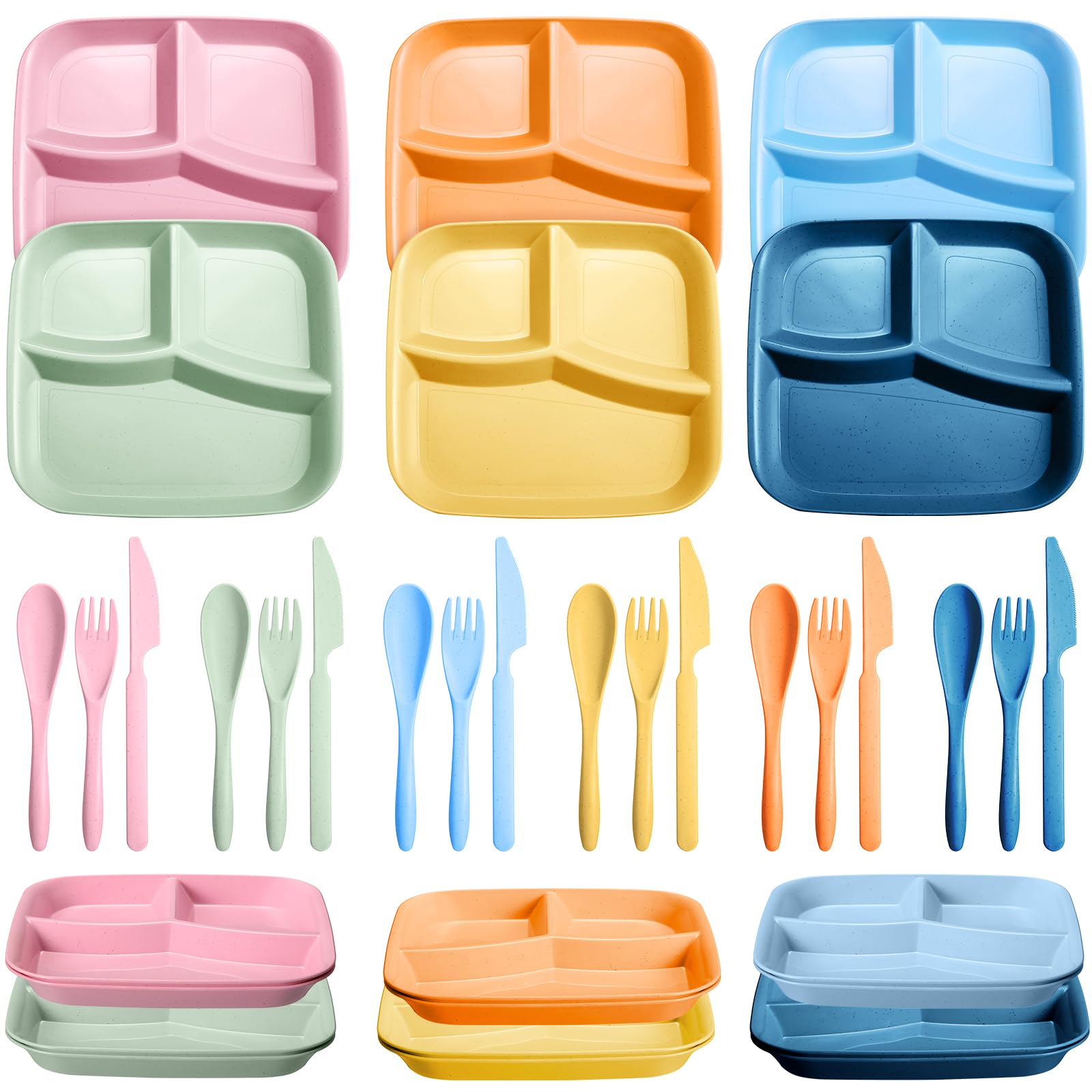 Dandat 12 Set Unbreakable Divided Plates 10 Inch Colorful Square Reusable Portion Control Plates Wheat Straw Lunch Trays Microwave Dishwasher Safe Trays for Kids Toddler Adults Picnic Supplies