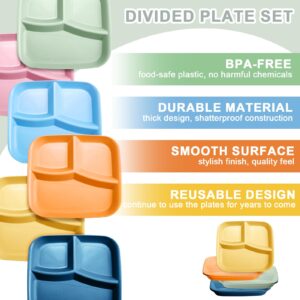 Dandat 12 Set Unbreakable Divided Plates 10 Inch Colorful Square Reusable Portion Control Plates Wheat Straw Lunch Trays Microwave Dishwasher Safe Trays for Kids Toddler Adults Picnic Supplies