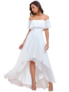 ever-pretty women's off shoulder ruffle sleeve high low a line chiffon white bridesmaid dress white us18
