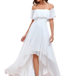 Ever-Pretty Women's Off Shoulder Ruffle Sleeve High Low A Line Chiffon White Bridesmaid Dress White US18