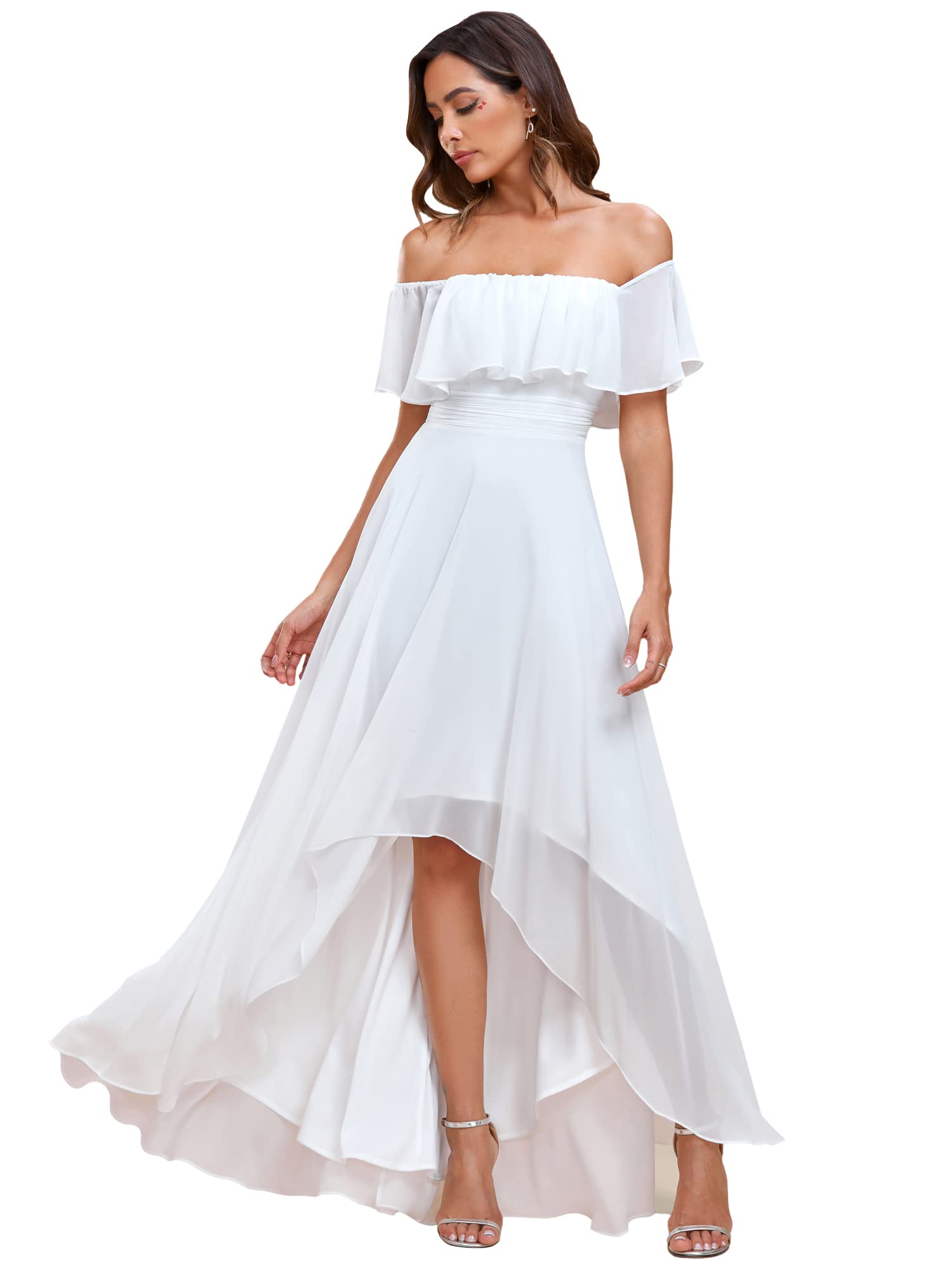 Ever-Pretty Women's Off Shoulder Ruffle Sleeve High Low A Line Chiffon White Bridesmaid Dress White US18