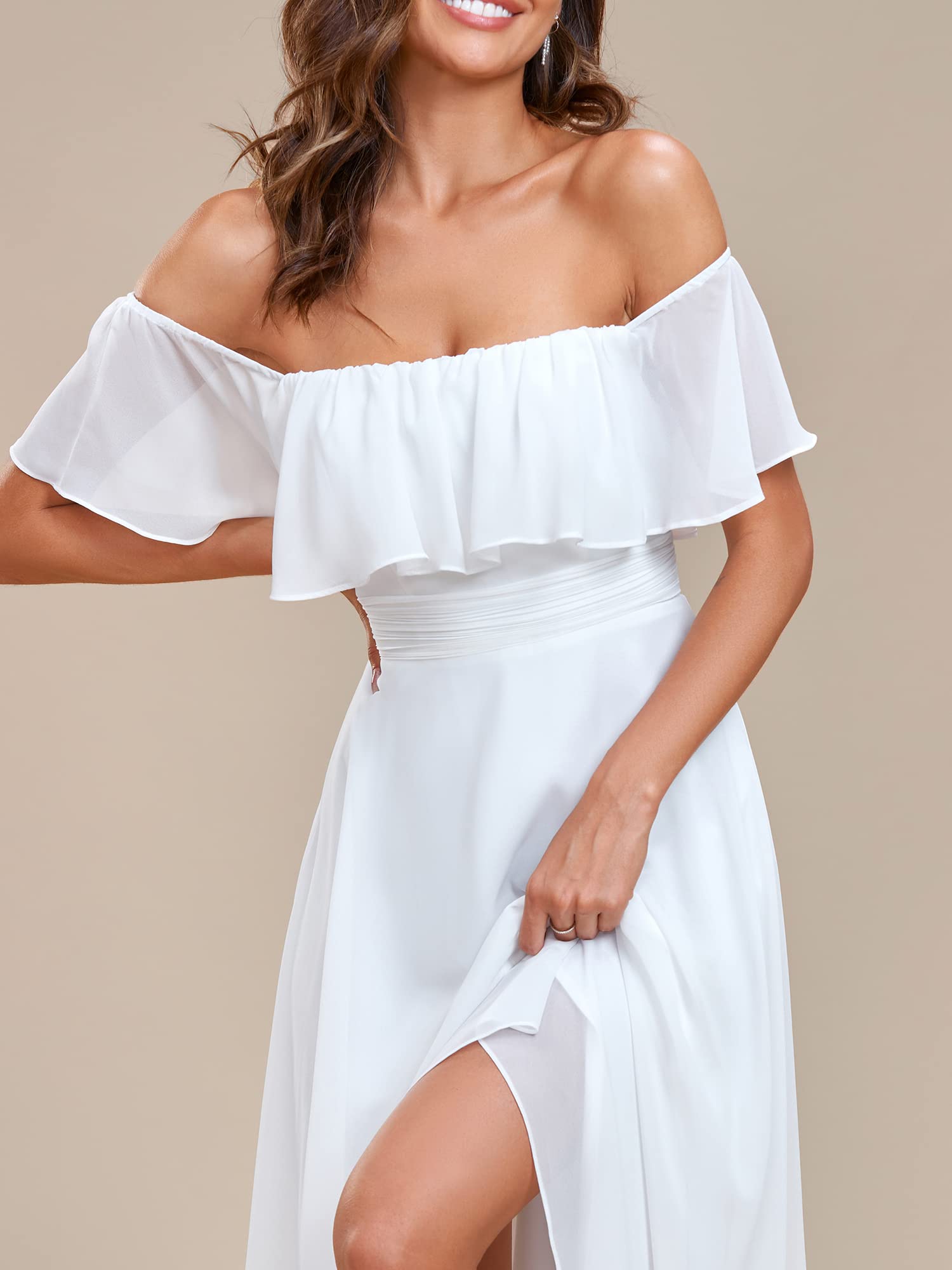 Ever-Pretty Women's Off Shoulder Ruffle Sleeve High Low A Line Chiffon White Bridesmaid Dress White US18