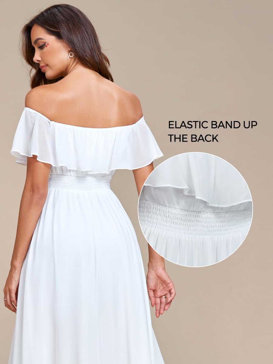 Ever-Pretty Women's Off Shoulder Ruffle Sleeve High Low A Line Chiffon White Bridesmaid Dress White US18