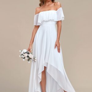 Ever-Pretty Women's Off Shoulder Ruffle Sleeve High Low A Line Chiffon White Bridesmaid Dress White US18