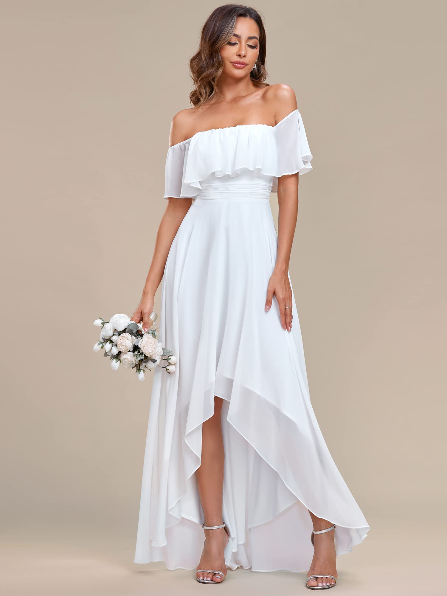 Ever-Pretty Women's Off Shoulder Ruffle Sleeve High Low A Line Chiffon White Bridesmaid Dress White US18