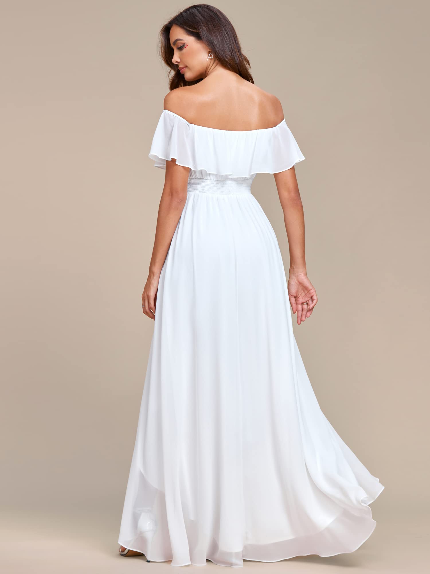 Ever-Pretty Women's Off Shoulder Ruffle Sleeve High Low A Line Chiffon White Bridesmaid Dress White US18