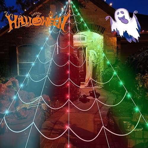 Halloween Decorations Outdoor 270'' Triangular LED Light Up Spider Web, Halloween Decor Indoor Clearance for Home Outside Yard Costumes Party Haunted House Garden Lawn