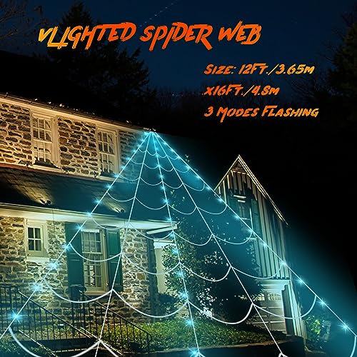 Halloween Decorations Outdoor 270'' Triangular LED Light Up Spider Web, Halloween Decor Indoor Clearance for Home Outside Yard Costumes Party Haunted House Garden Lawn