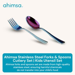 Ahimsa Stainless Steel Forks & Spoons | Cutlery Set | Kids Utensil Set | 100% BPA Free & Dishwasher Safe (Iridescent Blue)