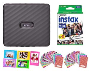 fujifilm instax link wide smartphone printer mocha grey + fuji instax wide instant film value pack (20 sheets) with film stickers, frames wireless bluetooth printer