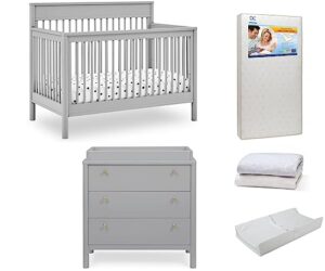 delta children remy crib 6-piece baby nursery furniture set–includes: convertible crib, dresser, changing top, crib mattress, sheets, & changing pad, grey