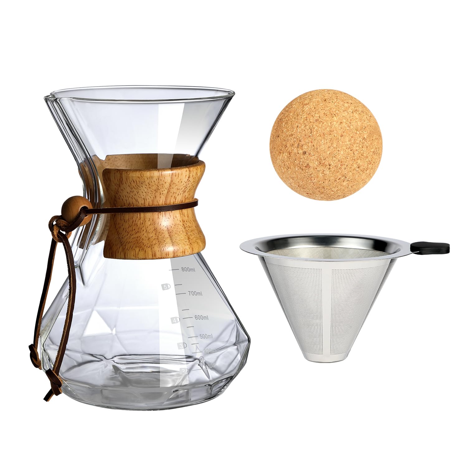 HYAXGM Pour Over Coffee Maker With Wood Sleeve，27oz/800mlPour Over Coffee Dripper,Pour Over Coffee Maker Set With Cork Stopper (27oz/800ml)