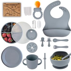 silicone baby feeding set -16 piece baby led wearing supplies with suction plates for toddlers, bowls, baby utensils, snack cup, sippy cups, toddler utensils items gray 6+ months essentials must have.
