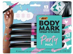 bic bodymark party pack temporary tattoo marker for skin, premium brush tip, 4 count pack