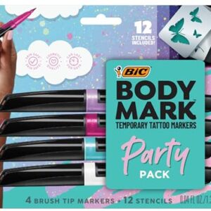 BIC BodyMark Party Pack Temporary Tattoo Marker for Skin, Premium Brush Tip, 4 Count Pack