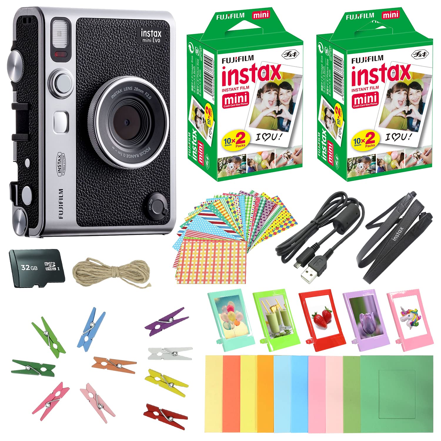 FUJIFILM INSTAX Mini EVO Hybrid Instant Camera + Fuji Instax Film Value Pack (40 Sheets) 32GB Accessories Bundle 5 Plastic Desk Frames + 10 Paper Frames Plus 60 Sticker Frames