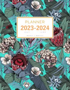 planner july 2023-2024 june: 8.5 x 11 weekly and monthly organizer | protea hydrangea and palm leaf design turquoise