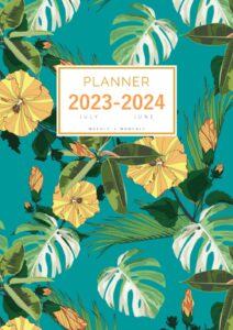 planner july 2023-2024 june: a4 weekly and monthly organizer | summer tropical floral design teal