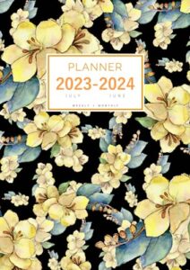 planner july 2023-2024 june: a4 weekly and monthly organizer | watercolor botanical flower design black