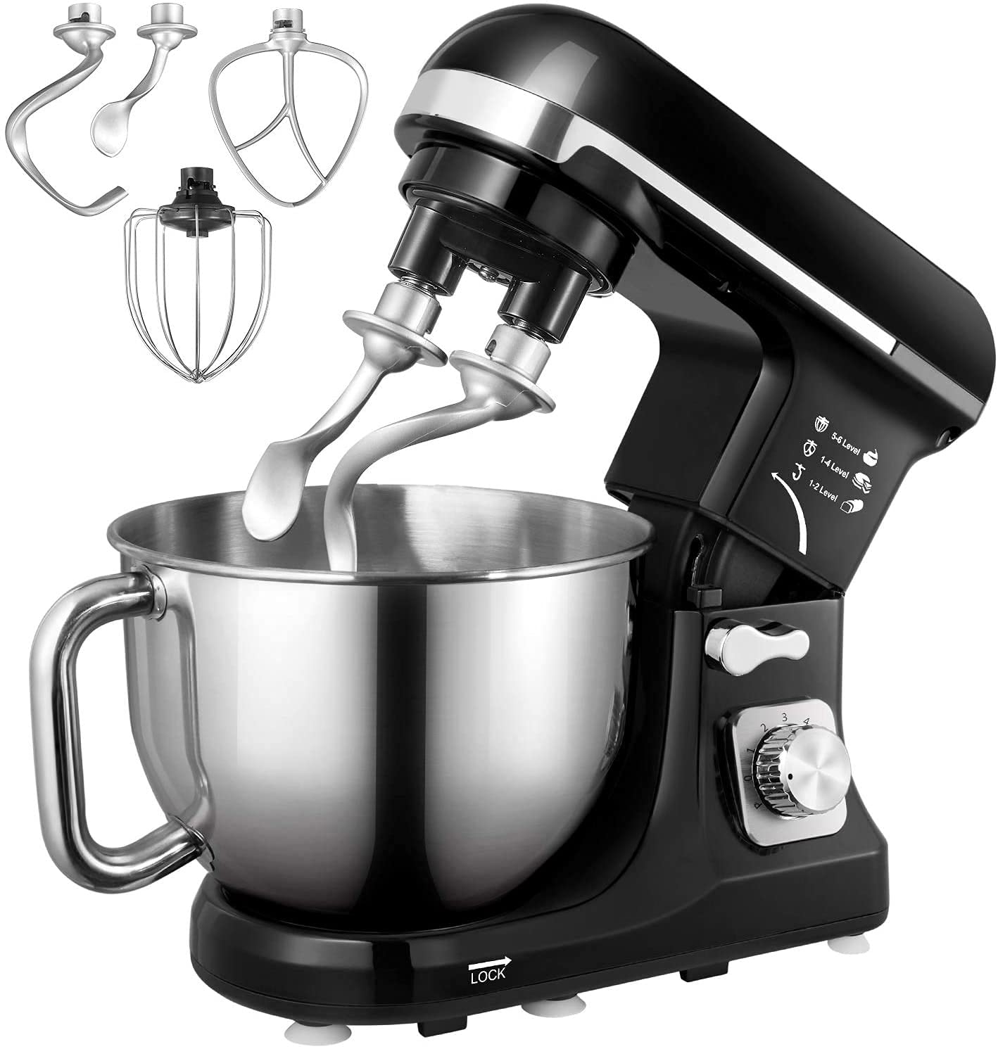 Stand Mixer Fohere, with Double Dough Hook, Wire Whip & Beater, 6+ P Speed Tilt-Head Food Mixer, Pouring Shield for Home Cooking, Dishwasher Safe Stainless Steel Bowl with Handle (Black)