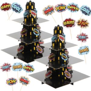 2 sets superhero cupcake stands and 24pcs super hero boom cupcake toppers skyscraper cake stands 3 tier for dessert table building cupcake stand for birthday table decor superhero party supplies