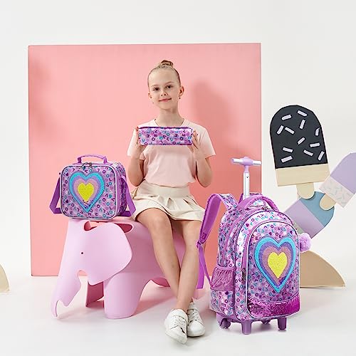 Meetbelify Girls Rolling Backpack Kids Rolling Backpacks with Wheels for Girls Elementary Kindergarten Sequin School Bag Travel Suitcase Luggage with Lunch Box for Girls 6-12