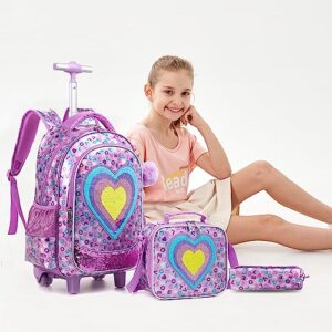 Meetbelify Girls Rolling Backpack Kids Rolling Backpacks with Wheels for Girls Elementary Kindergarten Sequin School Bag Travel Suitcase Luggage with Lunch Box for Girls 6-12