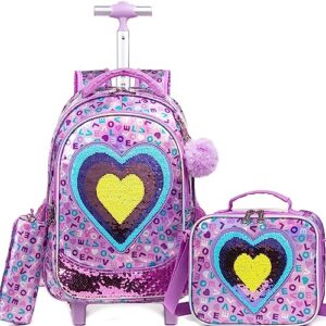 meetbelify girls rolling backpack kids rolling backpacks with wheels for girls elementary kindergarten sequin school bag travel suitcase luggage with lunch box for girls 6-12