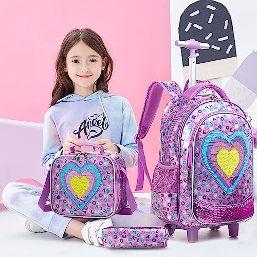 Meetbelify Girls Rolling Backpack Kids Rolling Backpacks with Wheels for Girls Elementary Kindergarten Sequin School Bag Travel Suitcase Luggage with Lunch Box for Girls 6-12