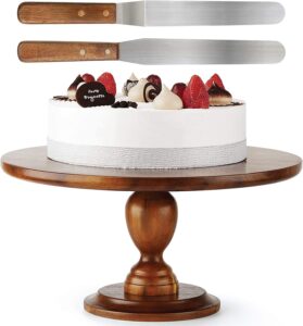 tidita 13" acacia cake stand rustic – cake stands wooden with 2 icing spatulas - wedding and birthday cake pedestal for dessert table - cupcake stand at parties, weddings, restaurants ( acacia wood)