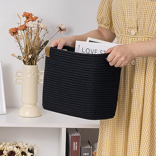 Goodpick Magazine File Holder Small Storage Baskets for Organizing Woven Rope Basket for Newspaper, Books, Towels, Desk Closet Organizer and Storage Bin for Office Decorative Black Basket for Shelves