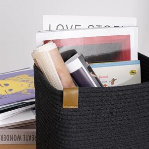 Goodpick Magazine File Holder Small Storage Baskets for Organizing Woven Rope Basket for Newspaper, Books, Towels, Desk Closet Organizer and Storage Bin for Office Decorative Black Basket for Shelves