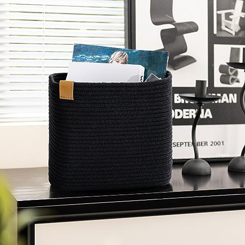 Goodpick Magazine File Holder Small Storage Baskets for Organizing Woven Rope Basket for Newspaper, Books, Towels, Desk Closet Organizer and Storage Bin for Office Decorative Black Basket for Shelves