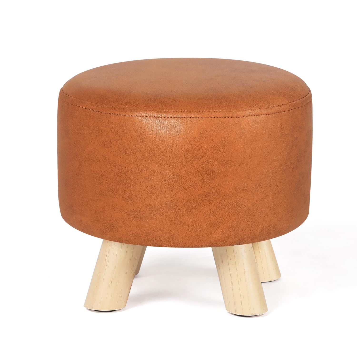 Homebeez Round Ottoman Stool Faux Leather Foot Rest, Small Footstool with Non-Skid Legs (Camel)