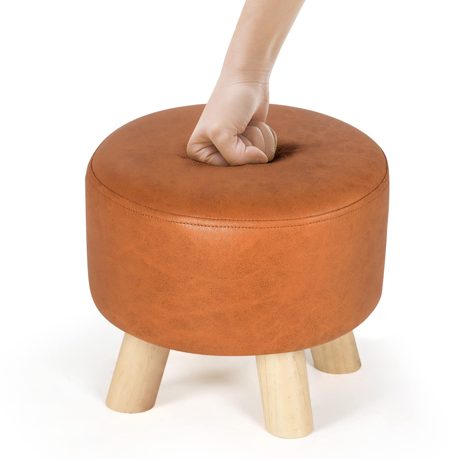 Homebeez Round Ottoman Stool Faux Leather Foot Rest, Small Footstool with Non-Skid Legs (Camel)