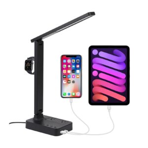 elcbeam led desk lamp,dimmable table lamp reading lamp with charging port and outlet,3 color modes 3 brightness level,touch control,1h timer,eye caring office lamp (black)