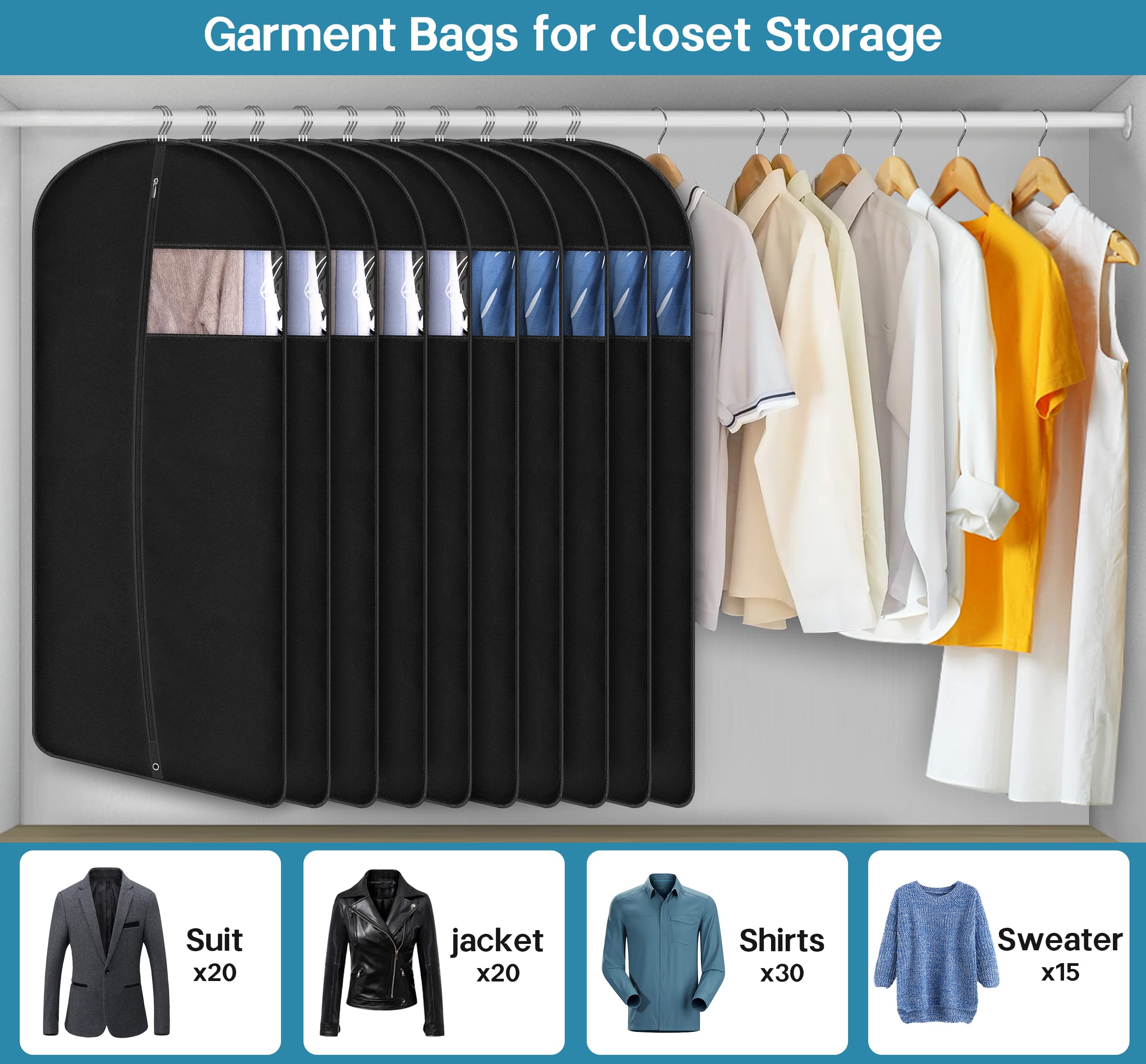 KIMBORA 43" Garment Bags for Hanging Clothes(10 Packs) & 54" Suit Bags for Closet Storage(3 Packs)