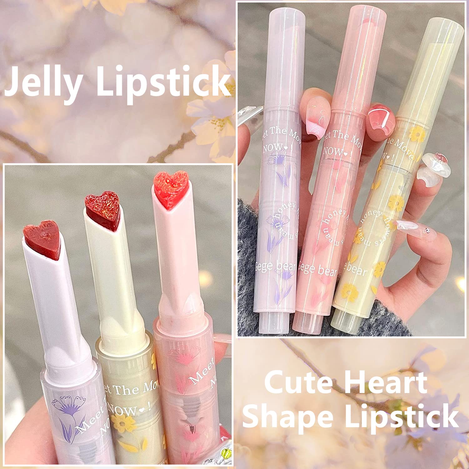 Yishifa 3 Colors Jelly Lipstick,Tinted Jelly Lip Gloss Heart Shape Lip Stain,Mirror Hydrating Jelly Lip Balm,Moisturizing Heart Lipstick,Non-Sticky,Vivid Color Glossy Lip Gloss Lip Makeup