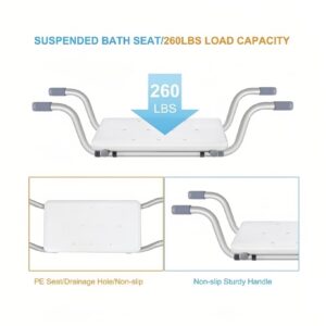 Heavy Duty Bath Bench Seat, Suspended Bath Tub Shower Chair Aluminum Alloy Bathtub Benches Bathing Seat for Elderly Adults Seniors Disabled or Injured, Length Adjustable Universal Fit, 260LBS Load