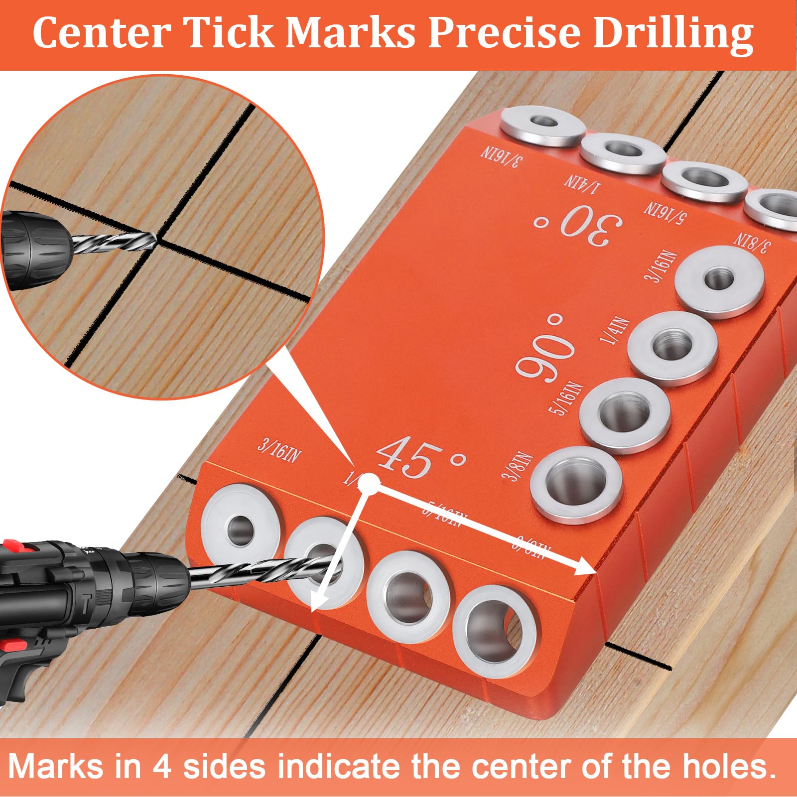 Steel DN Mate 30 45 90 Degree Angle 4 Sizes Drill Guide for Cable Railing Lag Screw Wood Post, Durable Aluminum Drill Hole Guide Jig for Angled/Straight Holes for Deck Cable Stair Handrail DG12