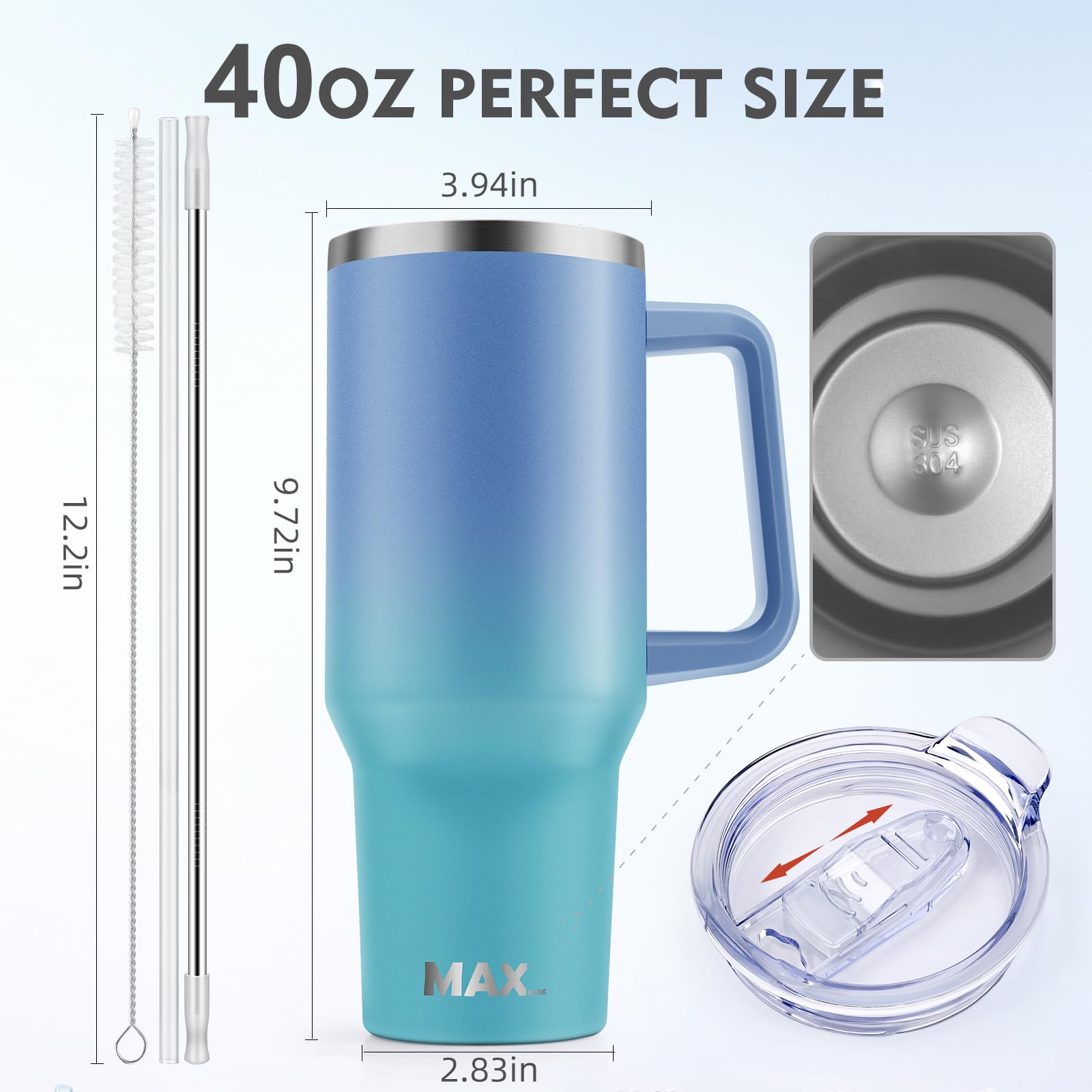 MaxBase 40 oz Tumbler with Handle and Straw Lid, Insulated Reusable Stainless Steel Travel Mug Keeps Drinks Cold up to 34 Hours, 100% Leakproof Bottle for Water, Iced Tea or Coffee, Smoothie and More