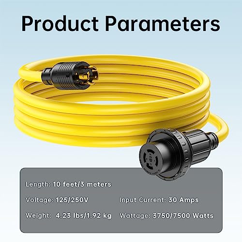 Generator Extension Cord L14-30P to L14-30R 4 Prong 10FT, 30A 250V 7500W Max 10AWG Power Cord for Manual Transfer Switch, Portable Generators, UL/ETL Listed
