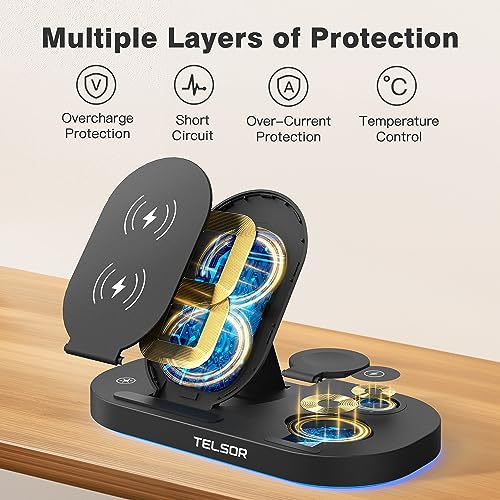 Wireless Charging Station, TELSOR 3 in 1 Foldable Wireless Charger, 18W Fast Wireless Charging Station for iPhone14/13/12/11/Pro/Max/XS, iWatch S8/7/6/5/4/3/2/SE, Black