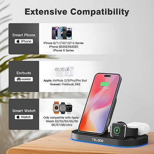 Wireless Charging Station, TELSOR 3 in 1 Foldable Wireless Charger, 18W Fast Wireless Charging Station for iPhone14/13/12/11/Pro/Max/XS, iWatch S8/7/6/5/4/3/2/SE, Black