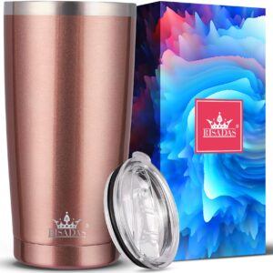 tumbler with lid 20oz - stainless steel vacuum insulated travel tumbler cup, coffee mug - gifts for women mom wife - durable tumbler with splash proof sliding lid, rose gold, birthday gifts for women